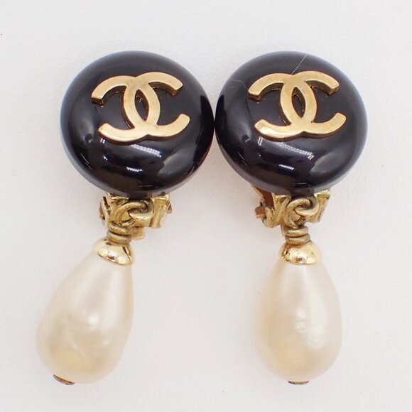 CHANEL Imitation Pearl Drop Earrings 94A Clip-On Black White GHW Vintage - Picture 1 of 12